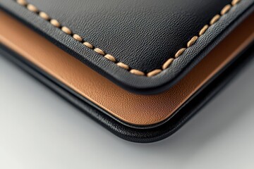 Close-up of a stylish leather wallet showcasing black and tan textures with meticulous stitching detail for elegant design.