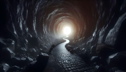 Fototapeta premium The dark rock tunnel with light illuminated in the end, 3d rendering – Generative AI
