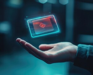 A futuristic hand holding a floating holographic tablet, showcasing advanced technology and innovation in digital communication.