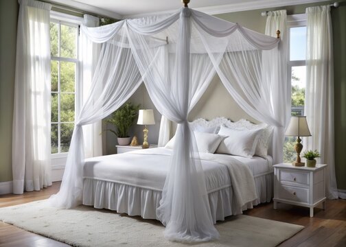 Sheer, flowing white bed curtains adorned with delicate lace trim, billowing softly in the breeze, add a touch - Powered by Adobe