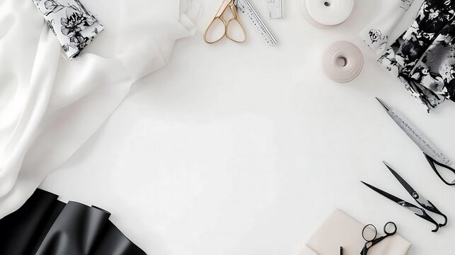 Flat Lay of Sewing Supplies with White Background