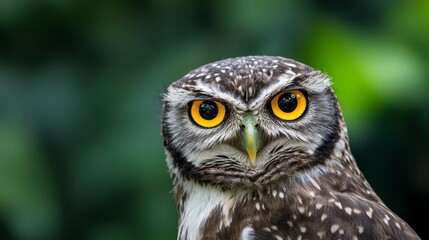 Fototapeta premium A tight shot of an owl's expressive face, its eyes – a vibrant orange and yellow orb – being the focal point