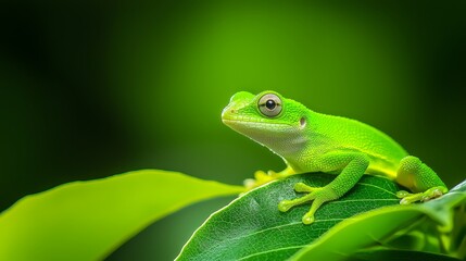 Fototapeta premium A green frog atop a leaf, nestled in a leafy green plant; background softly blurred