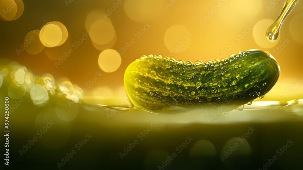 Wall mural  A tight shot of a cucumber, beaded with water droplets on its surface, against a blurred backdrop of soft light