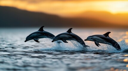 Obraz premium Three dolphins leap from the orange-blue waters, silhouetted against a setting sun