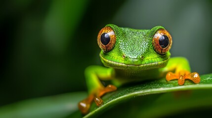  A frog up-close on a green leaf against blurred background of intermingling foliage