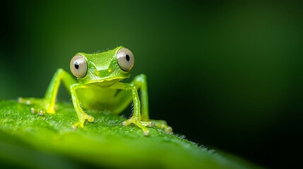Fototapeta premium A tight shot of a green frog atop a verdant leaf against a softly blurred green backdrop, framed by an encompassing black canvas
