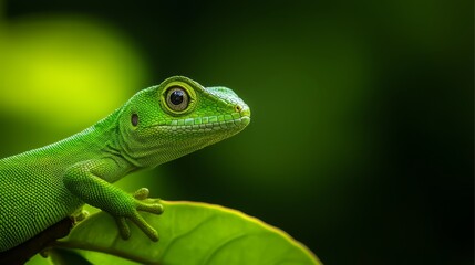  A tight shot of a green lizard atop a verdant leaf, surrounded by a softly blurred green backdrop