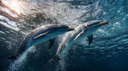  Two dolphins swim beneath crystal-clear water as sunlight dances on its surface