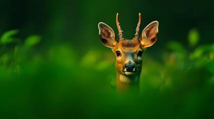  A deer's face, intently focused up close, surrounded by a hazy background of leafy grasses
