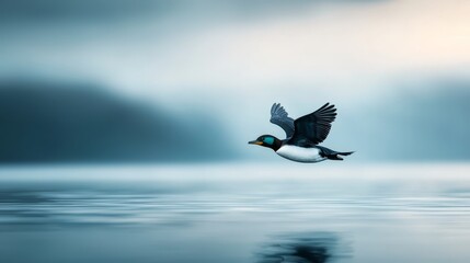  A bird flies over a body of water, wings outspread, head above the surface