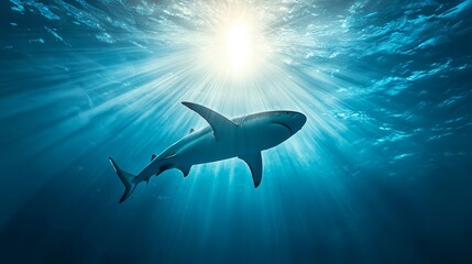  A shark swims in the ocean with the sun shining on its dorsal fin, its head slightly above water