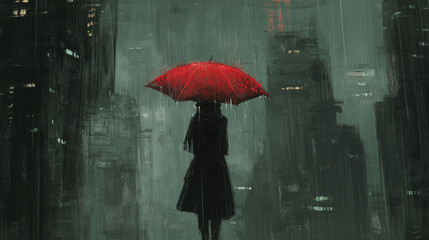 Lonely Woman with Red Umbrella in Abandoned Rainy Cityscape at Night, Digital Painting Depicting Urban Isolation and Melancholy Atmosphere