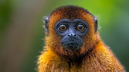 Obraz premium A tight shot of a monkey's face against a green backdrop, the surroundings softly blurred