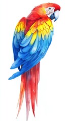Fototapeta premium Watercolor illustration of a stunning parrot leaning back and looking away isolated on white background