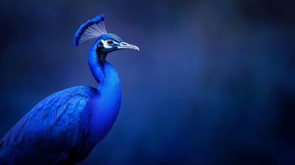  A tight shot of a blue bird with an elongated neck and an oversized, plumaged head against a dark backdrop