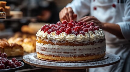 Pastry chef decorating a cake in a boutique bakery