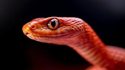  A tight shot of a red snake's head with an eyeball prominently displayed at its core