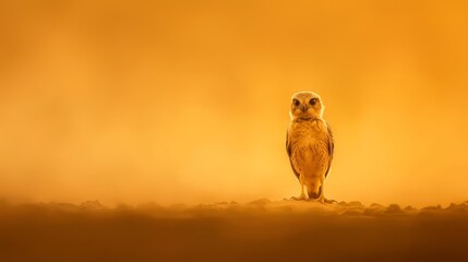  An owl atop a dirt mound, before a yellow sky with surrounding light