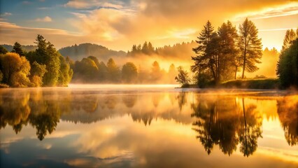 Dreamy morning mist rolling over tranquil lake, warm golden light reflecting off rippling water, softly blurred trees in the distance.