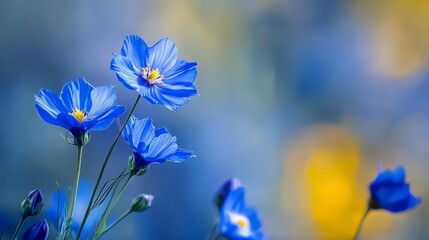  A blue vase, filled with blue and yellow blooms, sits atop a table A cluster of blue blossoms rests atop the arrangement