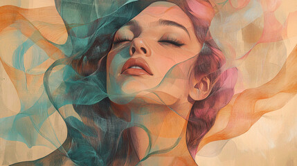 Abstract Portrait of a Young Woman with Flowing Fragmented Lines and Geometric Shapes