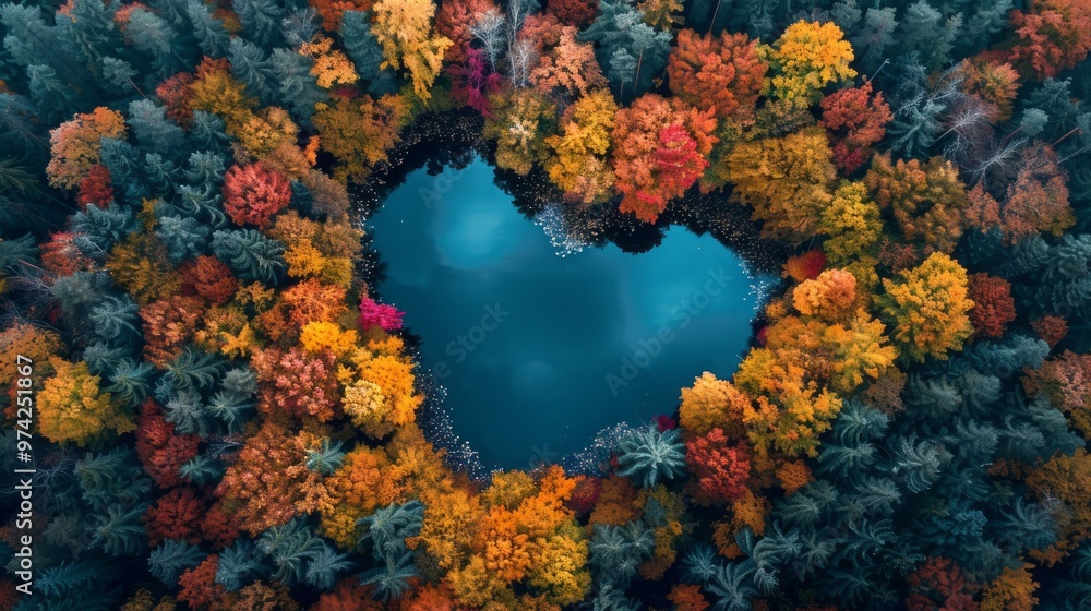 Poster a large body of water surrounded by trees with a heart shape in the middle