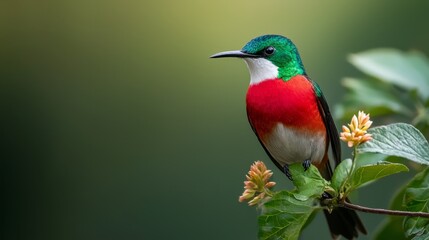 A vibrant bird perches on a tree branch amongst a verdant tree adorned with green leaves, and a flowering canopy boasting yellow and red blooms