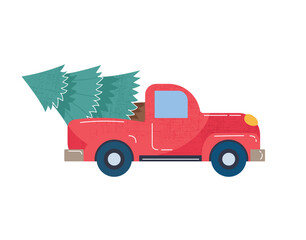 Cute red truck with christmas tree. Christmas card. Red car with Xmas tree for Christmas and New Year. Vector illustration in a flat retro cartoon style for postcard, banner isolated on white