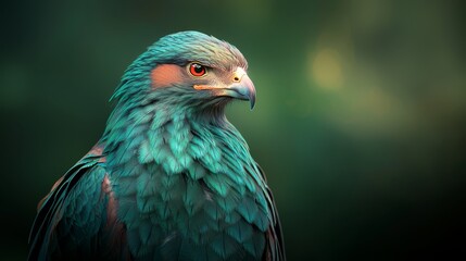 A tight shot of a bird featuring a green-orange head and neck against a black backdrop