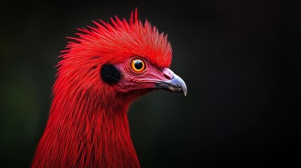  A red bird's head against a black background with a blurred backdrop