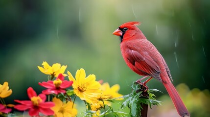  A red bird atop a plant with yellow and red blooms Background softly blurred