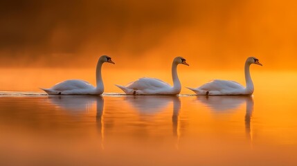  Three white swans glide atop a serene lake, framed by a vibrant sunset of yellows and oranges