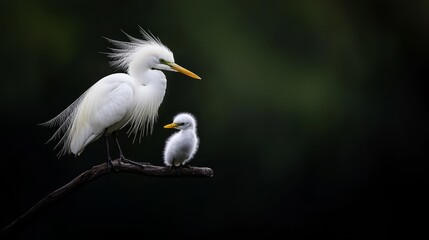 Obraz premium A large white bird perches next to a smaller one on separate tree branches