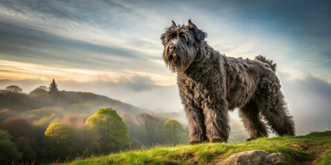 A panoramic view of a Bouvier des Flandres standing atop a rolling hill, majestic and powerful, with a subtle misty atmosphere and a sense of grandeur.
