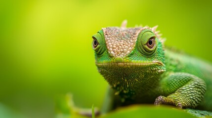 Obraz premium A tight shot of a green chameleon perched on a leaf against a softly blurred background