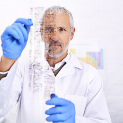 Medical, man and scientist with dna results of blood analysis, review risk test and experiment...