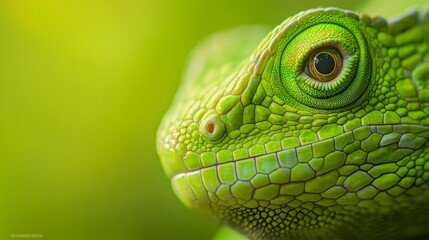  A tight shot of a green chameleon's face against a hazy backdrop of green foliage