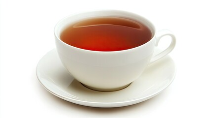 A white ceramic teacup filled with a warm, dark amber tea, sits on a matching saucer. The cup and saucer are isolated on a white background.