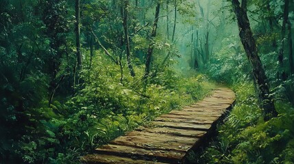 Obraz premium Oil painting of a lush green forest in side view, with a rustic wooden pathway, rich earthy colors and brush strokes, capturing the essence of natures beauty and tranquility