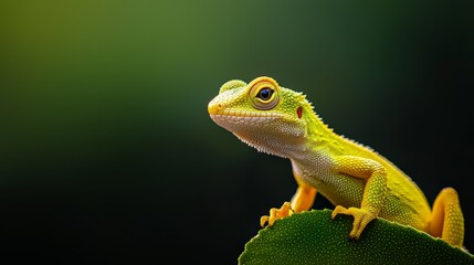  A close-up of a gecko on a green leaf against a dark background
