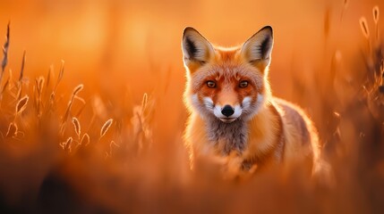 Fototapeta premium Afox in grassy field gazes at camera with hazy expression