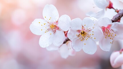  A tight shot of a white bloom on a branch, surrounded by pink and white blossoms in the foreground, while the background softly blurs