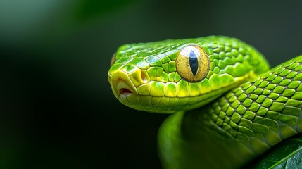  A tight shot of a green snake's head featuring a yellow iris eye