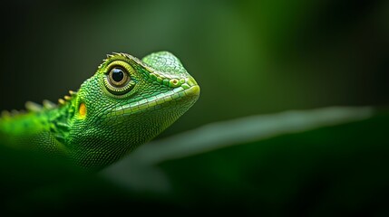 Fototapeta premium A tight shot of a green lizard's head atop a leaf, surrounded by softly blurred foliage