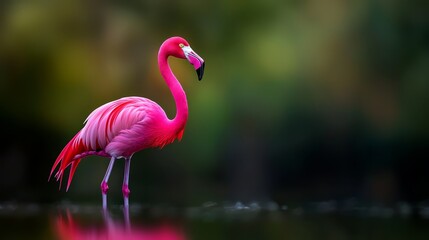 Fototapeta premium A pink flamingo with its head in beak and legs submerged in the water