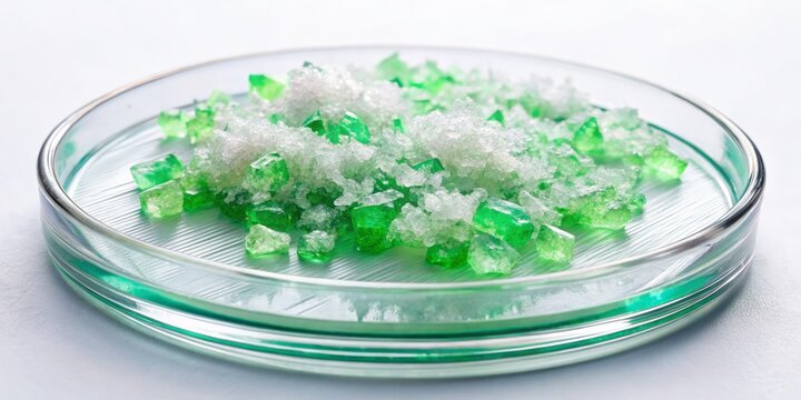 Sodium perchlorate crystals sparkle in a petri dish against a white background, showcasing the inorganic compound's