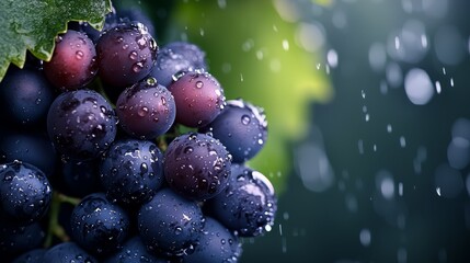  A cluster of grapes perched atop a verdant, wet leaf during rainfall
