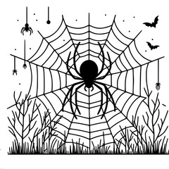 Fototapeta premium Spider in the center of the web, decor with Halloween elements: bat, moon and grass below. Stylized linear vector drawing