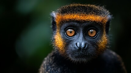 Obraz premium A tight shot of a monkey's face displays an orange and black stripe atop its head